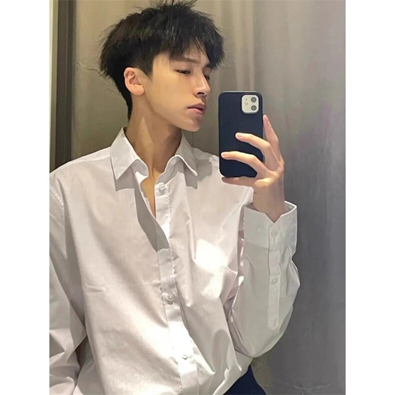 抖音得物二开高品质秋冬中性风冰丝休闲长袖衬衣垂感宽松上衣W88,男装衬衫,电商A486