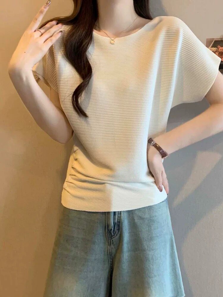 2025年秋季不连帽短袖圆领纯色一字领不规则短袖时尚百搭，女装T恤，圣旺供货