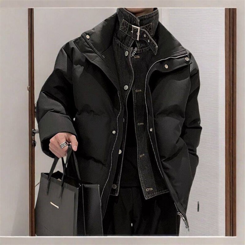 [网络图]2024冬季保暖棉服男牛仔假两件拼接新款立领休闲面包服,男装棉衣,星座613