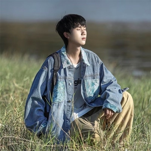 春秋拼接印花牛仔外套男复古潮牌宽松休闲潮流百搭青少年夹克上衣图片