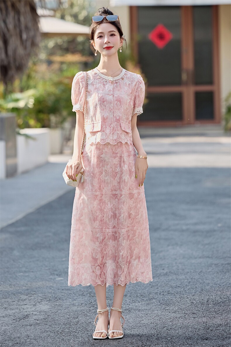 泡泡袖刺绣时尚套装女2025夏季新款优雅上衣半身裙两件套,女装套装/套裙,雅静靓衣