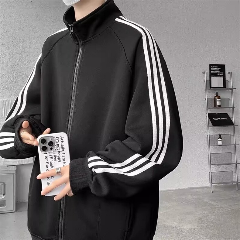 藏青色条纹开衫卫衣情侣ootd穿搭美式潮牌复古休闲立领拉链夹克秋,男装夹克,星座1013-1