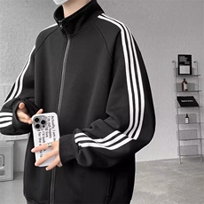 藏青色条纹开衫卫衣情侣ootd穿搭美式潮牌复古休闲立领拉链夹克秋，男装夹克，星座1013-1