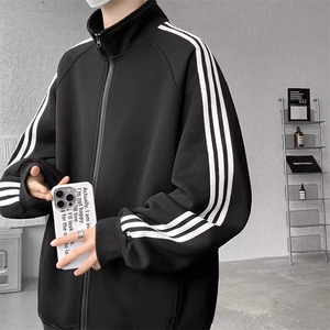 藏青色条纹开衫卫衣情侣ootd穿搭美式潮牌复古休闲立领拉链夹克秋图片