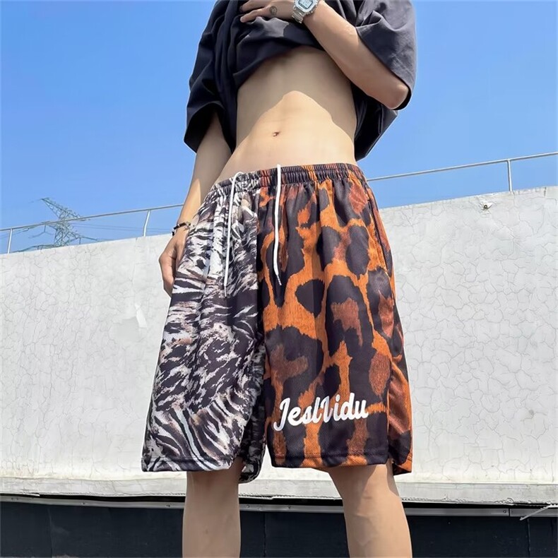 豹纹休闲短裤男士韩版潮拼色百搭夏季2024新款ins五分裤K5337-P25图片