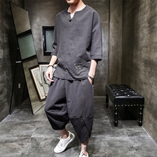 W57P75室内风春夏新款亚麻风大口袋七分套装盘扣刺绣，男装T恤，电商A026