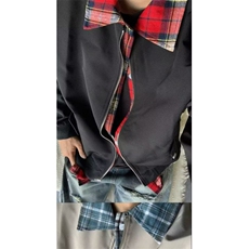 假两件格纹衬衫拼接工装夹克男款cleanfit美式翻领外套飞行员上衣，男装夹克，四季星座505