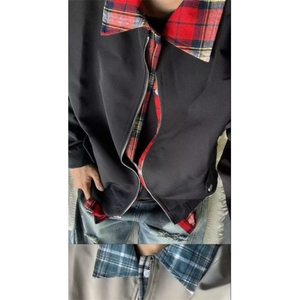 假两件格纹衬衫拼接工装夹克男款cleanfit美式翻领外套飞行员上衣图片