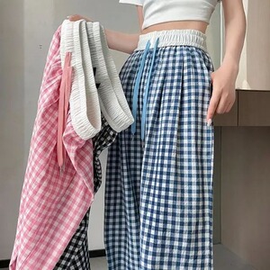 格子阔腿裤女夏季薄款小个子垂感宽松高腰休闲裤抽绳百搭拖地长裤图片