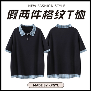 W238-P49【270G曼巴棉】假两件格子拼接短袖polo衫夏季衬衫领T恤图片