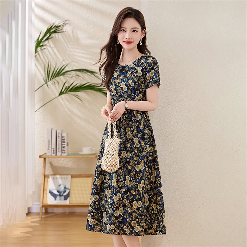 复古印花短袖棉布连衣裙女夏季2025新款时尚气质收腰显瘦碎花裙子,女装连衣裙,姿衣坊