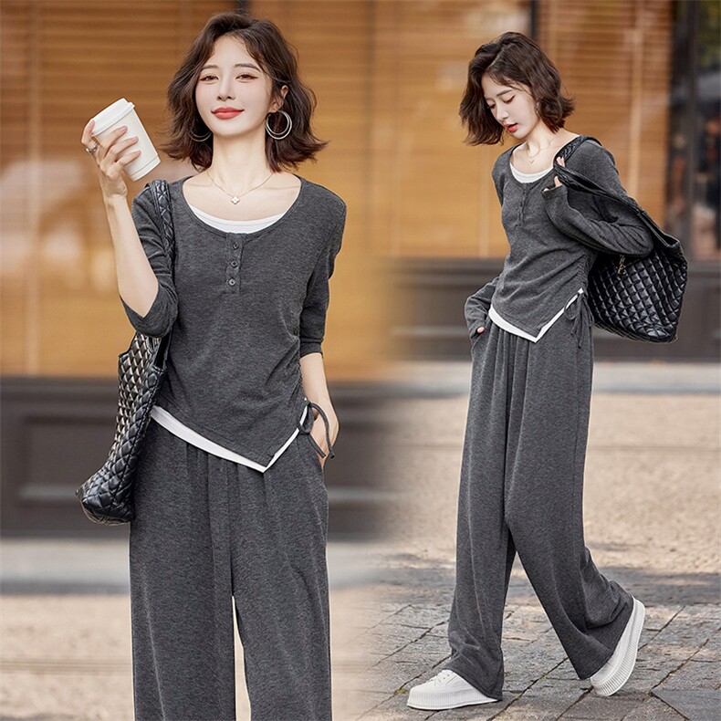 现货新款针织假两件套上衣+阔腿裤两件套，女装套装/套裙，乔米娜