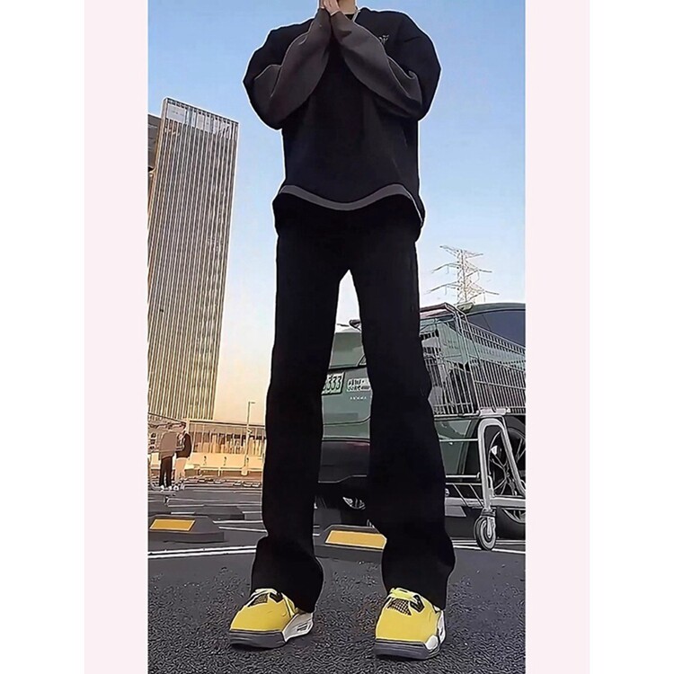 黑色柳叶弯刀牛仔裤男裤子加绒美式vibe直筒显瘦微喇裤图片