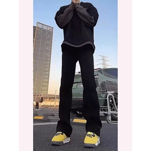 黑色柳叶弯刀牛仔裤男裤子加绒美式vibe直筒显瘦微喇裤图片