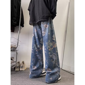 美式印花牛仔裤男春秋季潮牌嘻哈情侣裤子痞帅宽松阔腿拖地裤图片