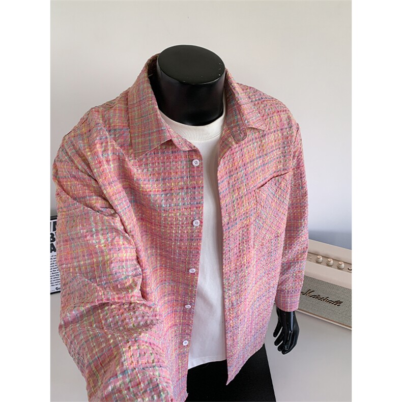 新款时尚泡泡纱纹理感格子翻领大码衬衫外套男C5469-特P38控75，男装衬衫，电商A001-1