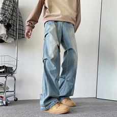 美式高街做旧直筒牛仔裤男潮牌复古阔腿水洗百搭长裤H0121-P45，男装牛仔裤，星座1008-1