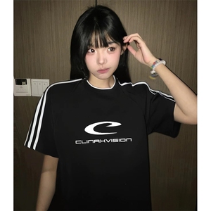 抖音得物高品质二开240克宽松纯棉美式潮牌三条杠织带短袖T恤图片