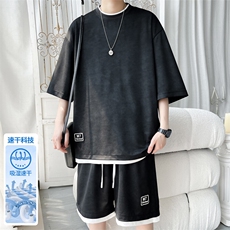 2025夏季新款旋律风车大码假两件冰丝短袖套装M-5XHQ25574-P60，男装休闲套装，电商A022