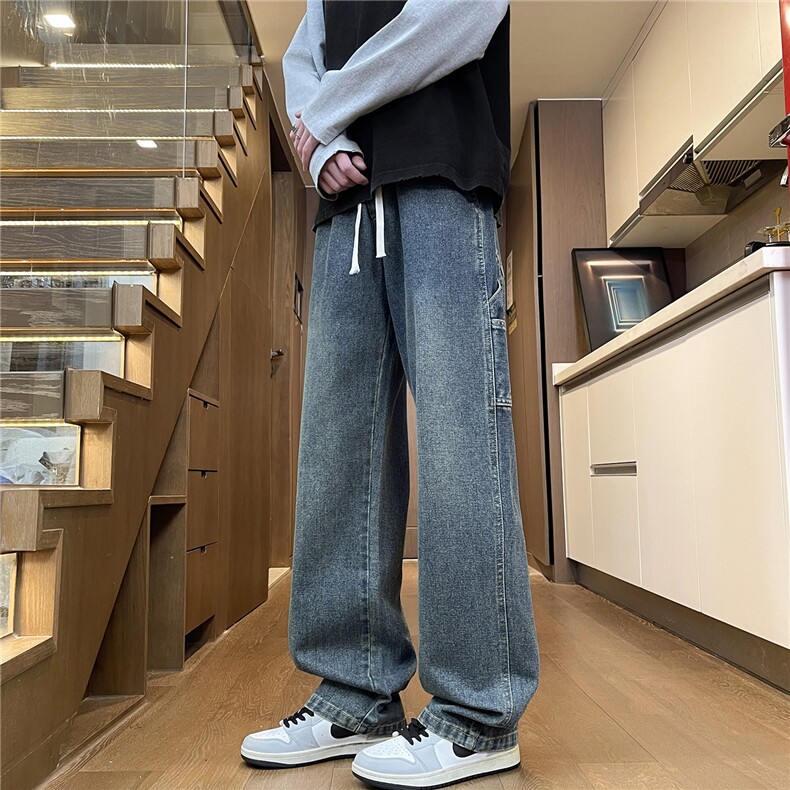 美式复古工装牛仔裤男潮高街宽松阔腿直筒拖地痞帅休闲裤H803-P45,男装牛仔裤,星座509