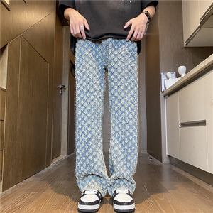 夏季新款美式高街提花满印直筒拖地牛仔裤B315-K24159-p60控78图片