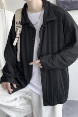 秋装中性港风褶皱纯色宽松长袖衬衫日系男女休闲薄外套H208/P55，男装衬衫，钱塘713