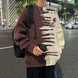 日系潮牌撞色圆领毛衣男春秋季流百搭套头休闲针织衫MY7022/P45图片
