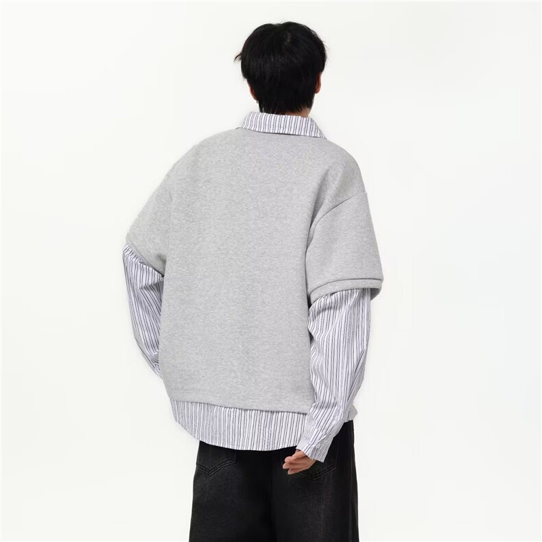 美式假两件条纹polo衫卫衣男学院风百搭翻领上衣914-4-C174P50,男装卫衣,星座914-4