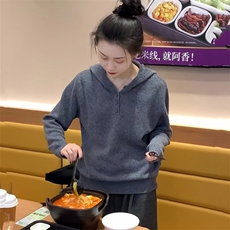 2025年秋季时尚百搭通勤简约休闲连帽套衫，女装针织衫/毛衣，朝辰羊绒