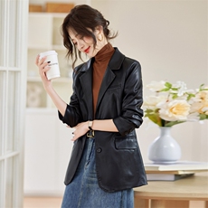 海宁真皮皮衣女士单排两粒扣2025春装新款韩版绵羊皮修身西装外套，女装皮衣，魅衣本色