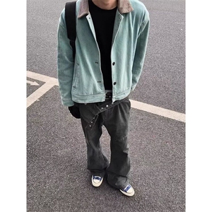 湖水绿短款外套男春秋冬季美式cleanfit底特律撞色翻领工装夹克图片