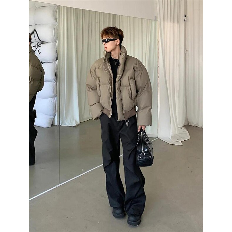 现货5W件冬季三防重磅硬挺boxy短款羽绒立领PU皮棉衣外套加厚棉服,男装棉衣,电商A486