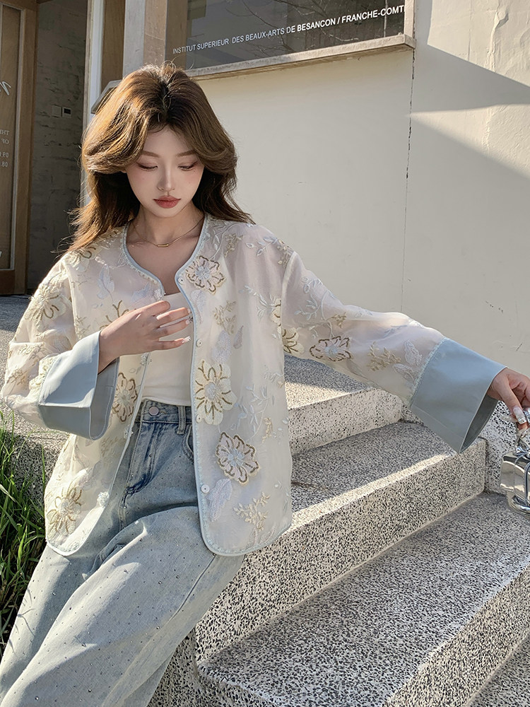 新中式提花刺绣欧根纱防晒外套女2025春夏新款高端洋气设计感开衫,女装短外套,浙宝208A