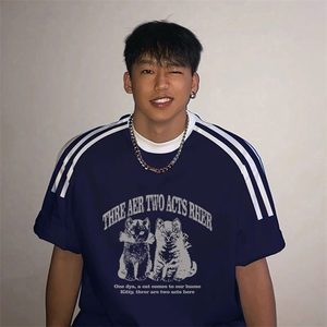 夏季美式高街重磅纯棉三条杠织带撞色男女短袖T恤ZD359-特P30图片