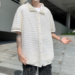 镂空夏季男2024设计感开衫毛衣宽松港风潮流个性纯色衬衫5521 P40图片