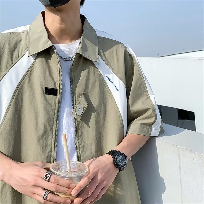 夏季潮牌拼色短袖衬衫男美式街头设计拉链衬衫JC002P35，男装衬衫，星座1116-2