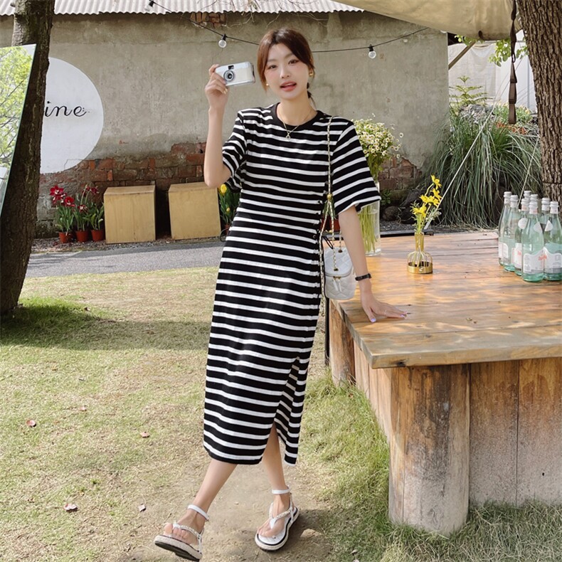 新款现货条纹抽绳修身连衣裙212A-610-P100-155,女装连衣裙,浙宝212A