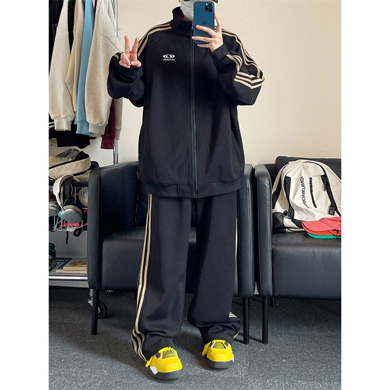 三条杠条纹休闲运动夹克男士春秋季潮流高级感体育生开衫卫衣外套,男装休闲套装,电商A007