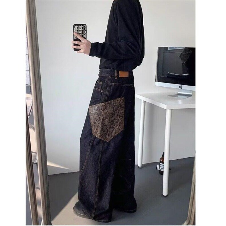美式座山蟒牛仔裤男女潮牌复古宽松阔腿裤小众拖地裤WLY222-P55,男装牛仔裤,星座1008