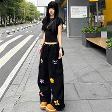 Y9279-P692025潮牌复古多口袋直筒工装裤男女美式宽松花刺绣伞，男装工装外套，电商B323A
