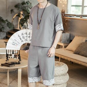 中国风男棉麻套装印花大码两件套蓝色短袖+短裤A02可分开销售,透肤灰色打底裤搭配图片