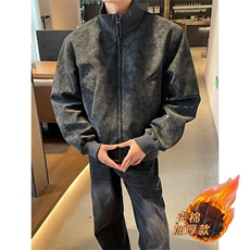 网图扎染pu皮衣廓形棉服夹棉立领棉衣外套A025-KY1813-P68加绒78，男装皮衣，电商A025