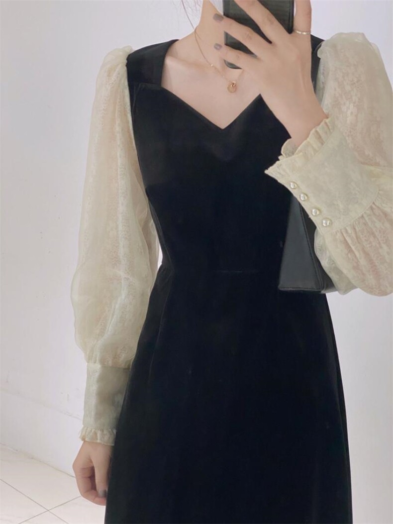 丝绒拼接袖连衣裙，女装连衣裙，驿谷