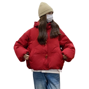 牛角扣红色连帽羽绒服女冬超火好看高级小众独特漂亮短款加厚外套图片