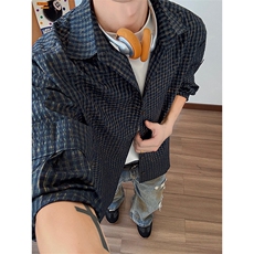 黄灰格子衬衫潮牌情侣款开衫宽松款泡泡纱外套5Q4068-TP5588，男装衬衫，电商A102