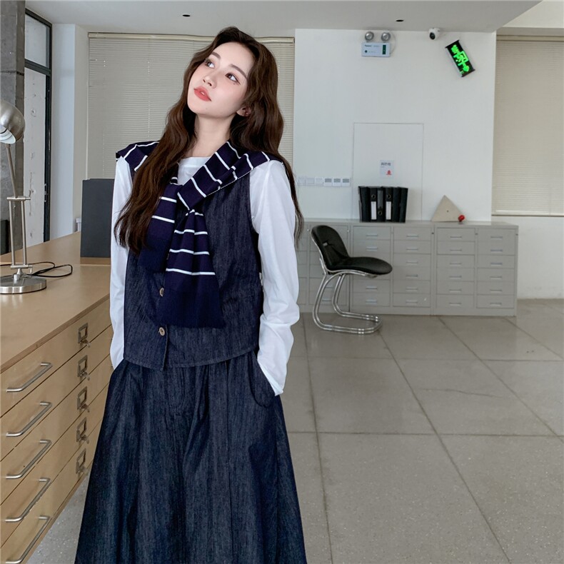 蓝色条纹披肩牛仔马甲半身裙套装三件套女2025早春秋韩里韩气穿搭,女装套装/套裙,2C307