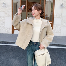 双面羊毛呢大衣短款夹克1C045-H309P255K378，女装毛呢外套，红龙果