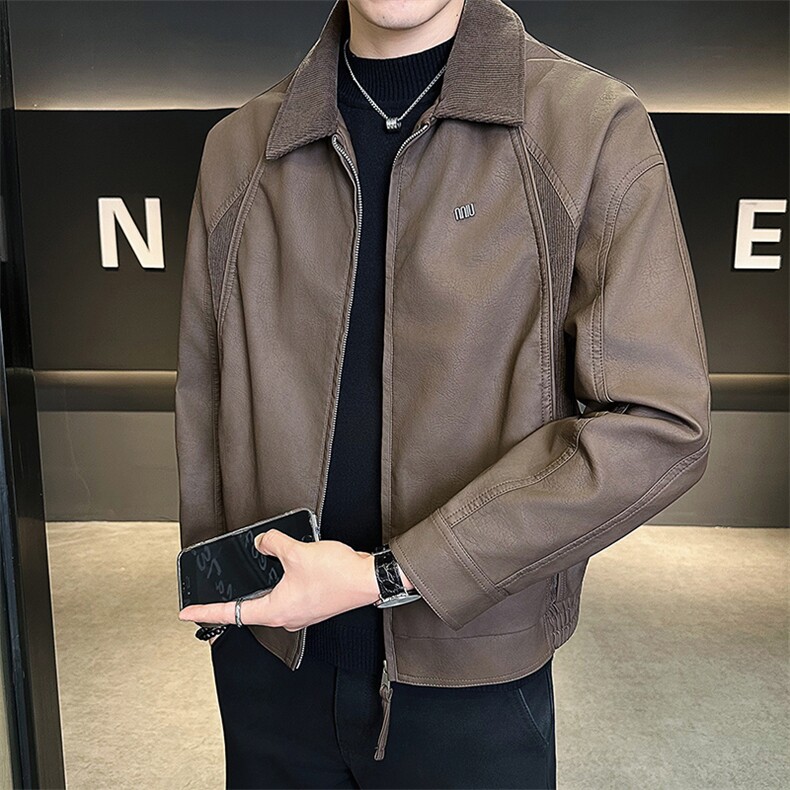 25619-M-4XL-P140店主风秋季新款翻领百搭拼接针织男士皮衣外套,男装皮衣,电商B255