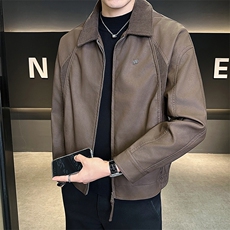 25619-M-4XL-P140店主风秋季新款翻领百搭拼接针织男士皮衣外套，男装皮衣，电商B255