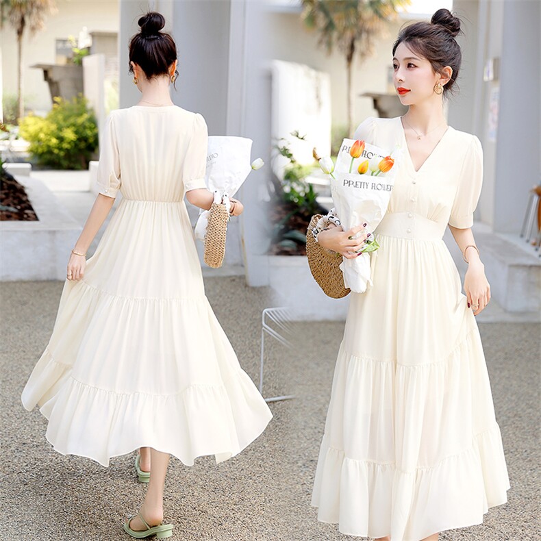 2023夏季新款纯色连衣裙优雅V领显瘦长裙气质淑女风，女装连衣裙，关键词